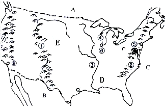 读"美国地形图",完成下列要求.